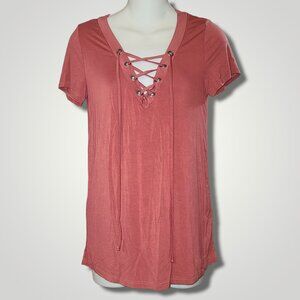 LuLu's Women's XS Top Shirt Blouse Dark Pink Rose Lace Up Short Sleeve